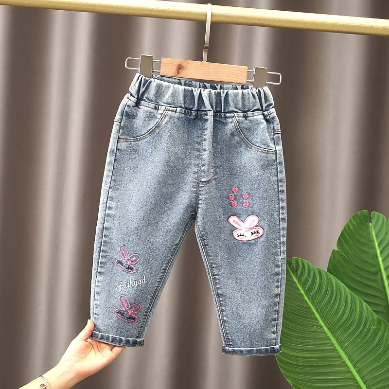 Calça jeans infantil de perna reta solta, roupa de bebê menina, roupa de exterior, calça jeans que combina com tudo, primavera
