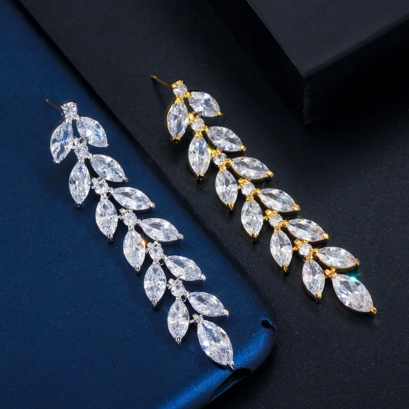 CWWZircons Marquise Cut Cluster CZ Zirconia Crystal Long Dangle Leaf Earrings Gold Plated Bridal Wedding Jewelry for Women CZ603