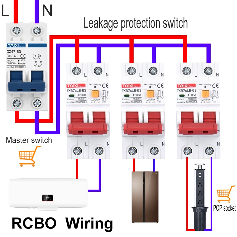 TAIXI RCBO RCCB AC Type 32A 40A 63A 80A Residual Current Circuit Breaker RCD 15mA 30mA Leakage Protection MCB 220V 16A 20A