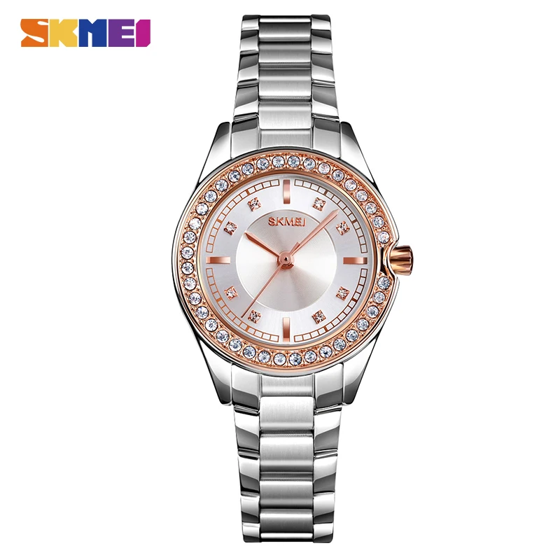 

SKMEI Creative Rhinestone Design Dial Watch Women Elegant Fashion Stainless Steel Clock Ladies Quartz Analog Wristwatches