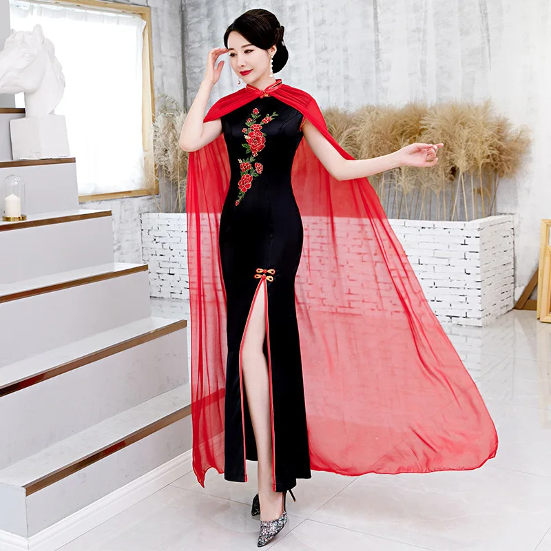 

New Chinese Style Mandarin Collar Button Qipao Women Wedding Evening Party Dress Embroidery With Cape Cheongsam Novelty