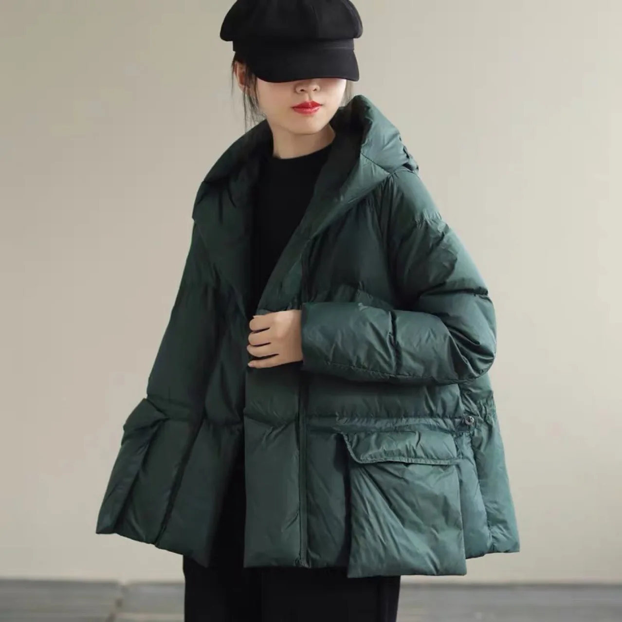 Loose Pocket Drawstring Short Duck Down Jacket Casual Winter New Womens Zipper Hooded Solid Outerwear