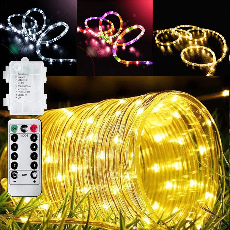 5M 10M LED Rope Strip Lights Remote Control Tube Rope Garland Fairy Lighting Strings for Outdoor Indoor Garden Christmas Decor