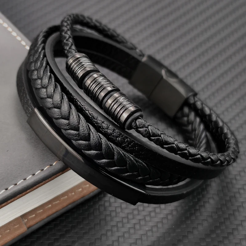 New Hot Sale Multi-Layer Stainless Steel Genuine Leather Bracelet For Mens Magnetic Clasp Bangles Office Accessories Jewelry