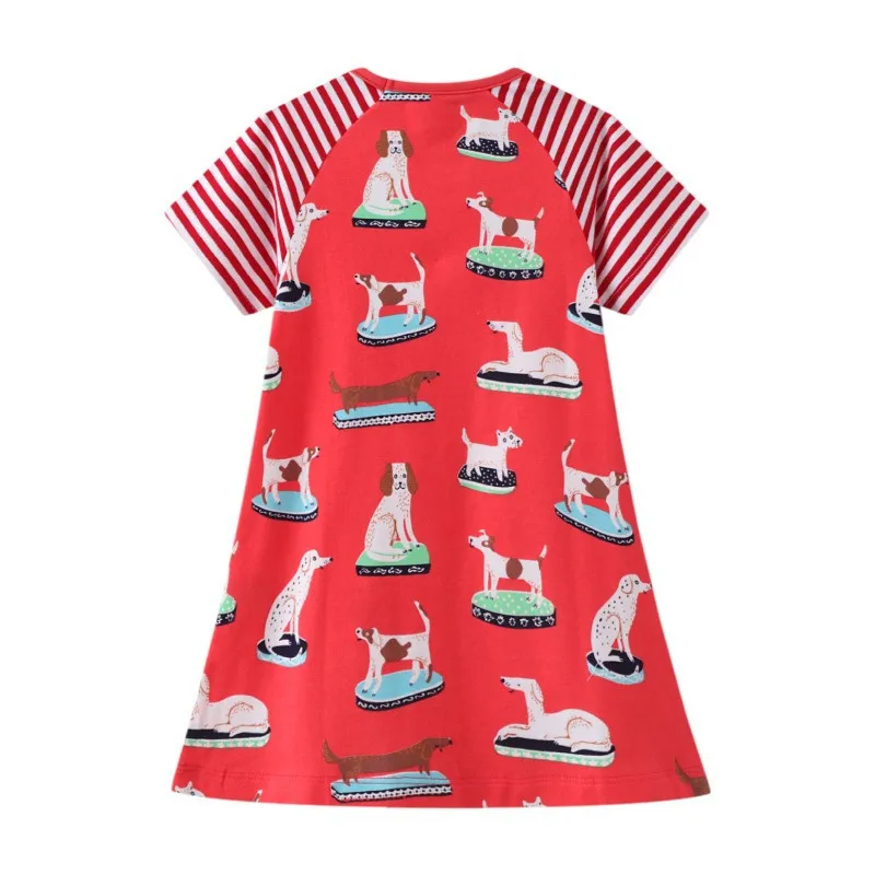 Jumping Meters New Arrival Girls Dresses Dogs Print Red Baby Clothes Summer Cotton Children's Frocks Casual Kids Frocks