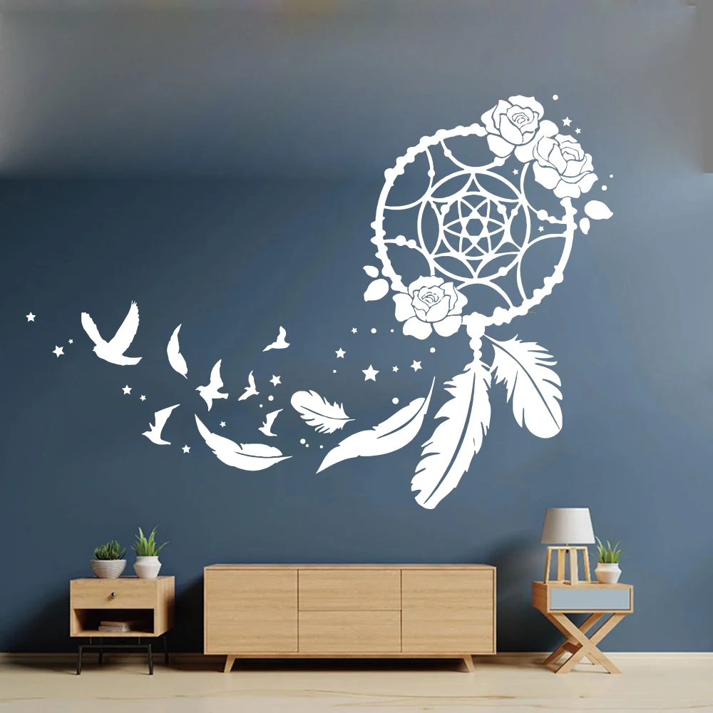 Pegatina de pared grande para bebé, atrapasueños bohemio, rosa, pájaro volador, guardería, Scanvinia, cita inspiradora