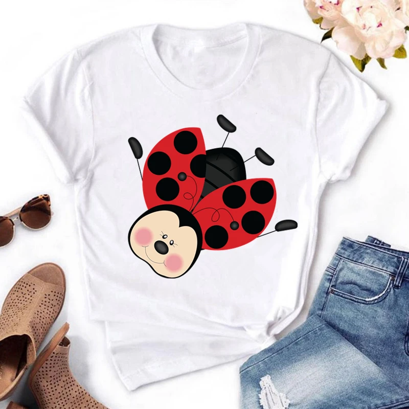 Musim Panas Wanita T Kemeja Lucu Lengan Pendek Leher O Atasan Kartun Ladybug Cetak T-shirt Kawaii Gadis Putih Pakaian Wanita HH519