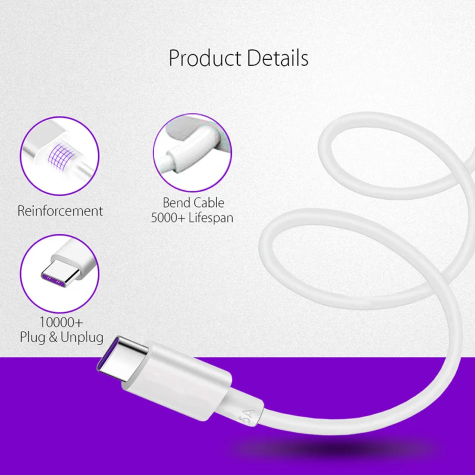 USB Type C Data Fast Charge 5A Cable For Samsung S20 S9 S8 Xiaomi Huawei P30 Pro Mobile Phone Charging Wire White Cable