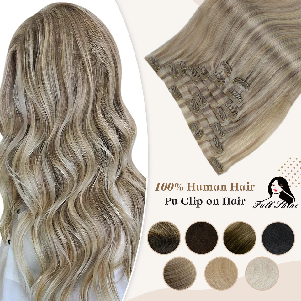 Extensiones de cabello con clip PU Full Shine, cabello humano Remy 100g, invisibles sin costuras, color balayage rubio