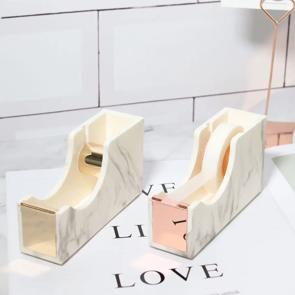 Office 1 Inch Core Desktop Adhesive Marble Cute Desk Gold Tape Dispenser Cutter with Tape