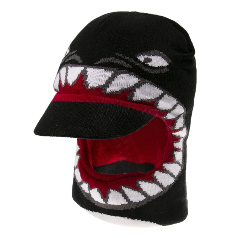 Kids Winter Knitted Windproof Beanie Hat with Visor Cartoon Shark Scarf Hood