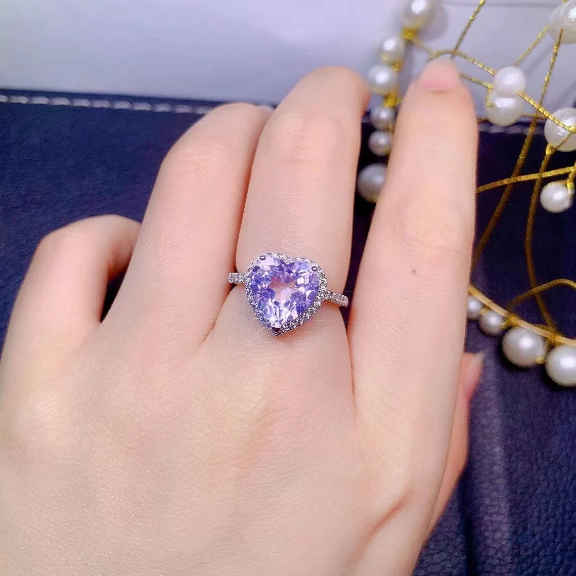 New Arrival Natural Lavender Quartz Ring 925 Sterling Silver Engagement Halo Heart Resizable Rings For Women Gift
