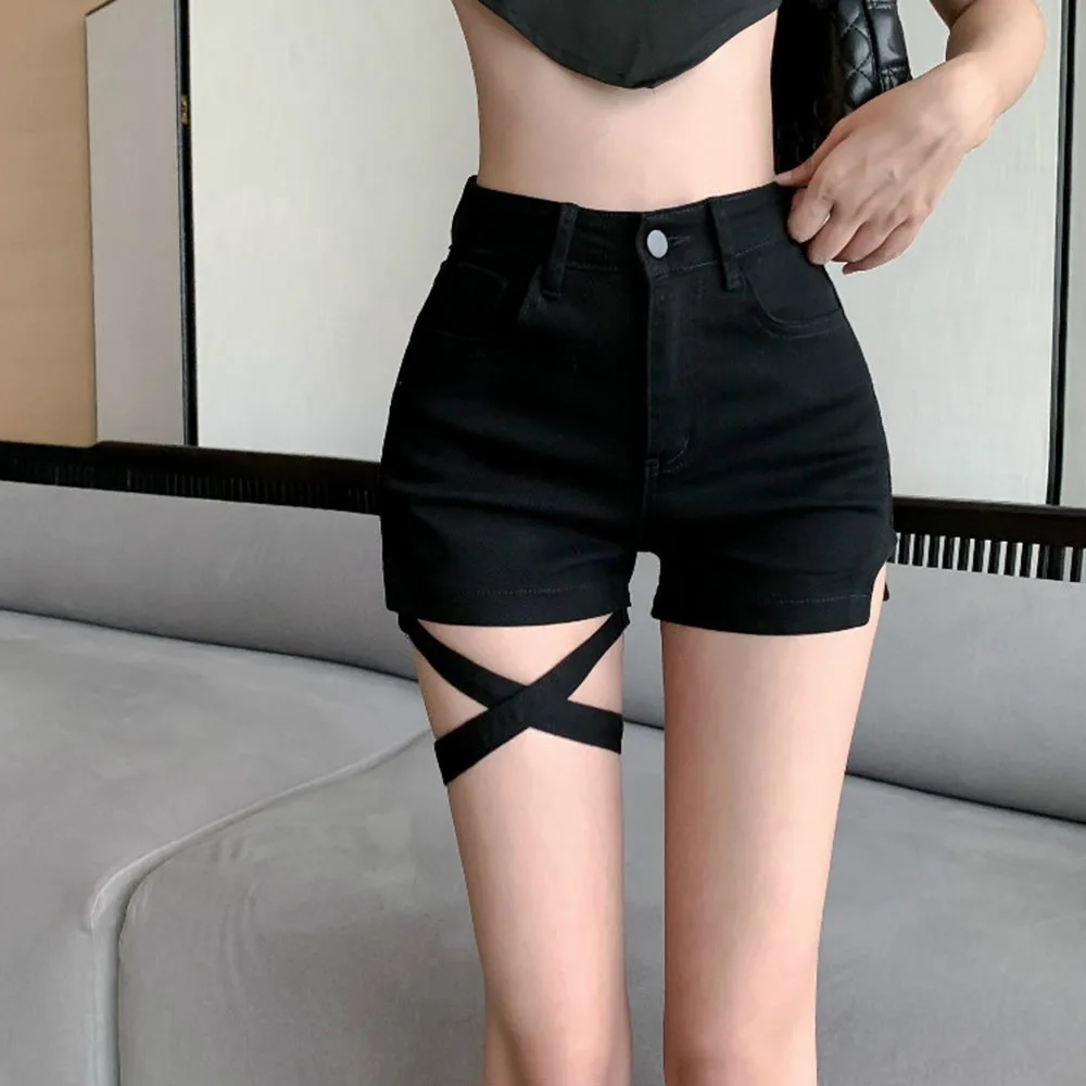 

Harajuku High Waist Sexy Slim Outfits Denim Shorts For Women 2022 Summer Gothic Punk Style Hollow Out Bandage Shorts