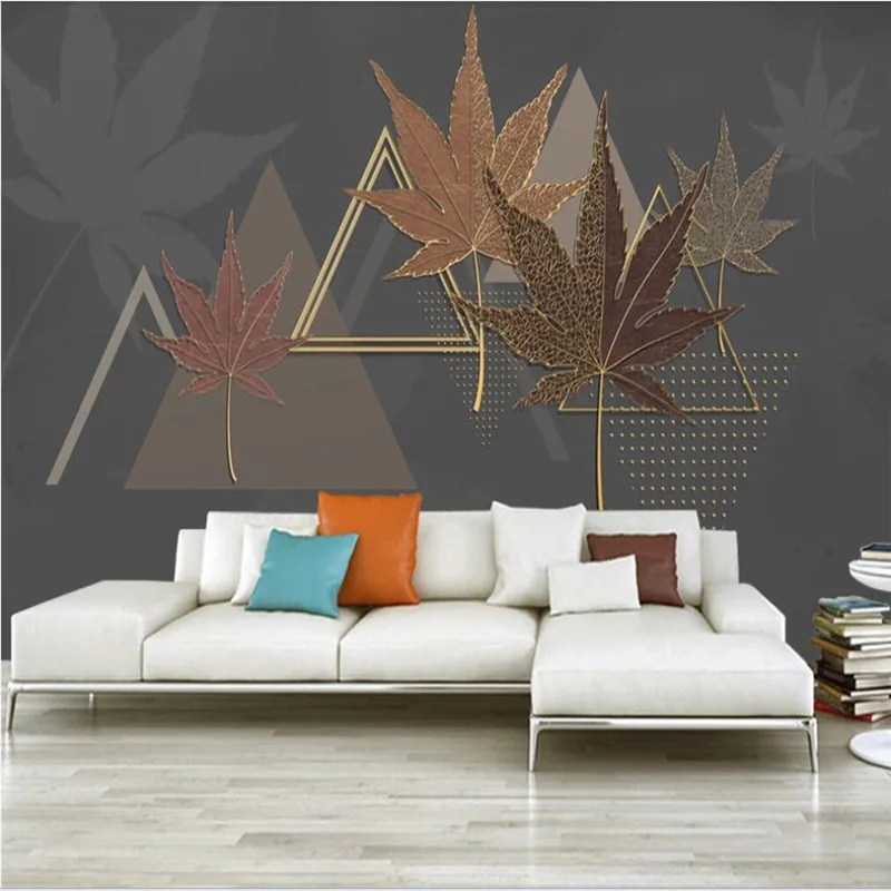 

Custom wallpaper modern creative maple leaf golden line background wall-decorative painting high-grade waterproof material