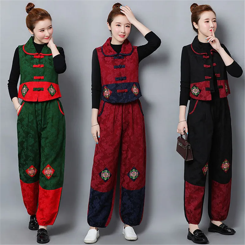 2023 Retro Embroidered Cotton linen Two Piece Set Women Buckle Vest Cardigan Coat+Tang Suit Lantern Pants Suit Female 5XLC1436