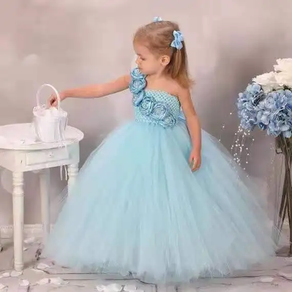 Girls Blue Rose Flower Tutu Dress Kids Crochet Tulle Dress Ball Gown Evening Banquet Dress Children Birthday Party Costume Dress