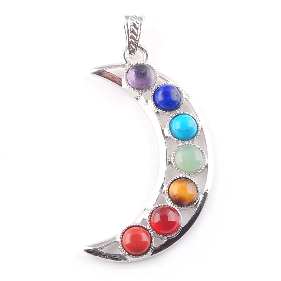 WOJIAER 7 Chakras Natural Stones Moon Pendant Health Amulet Healing Jewelry Making N3256