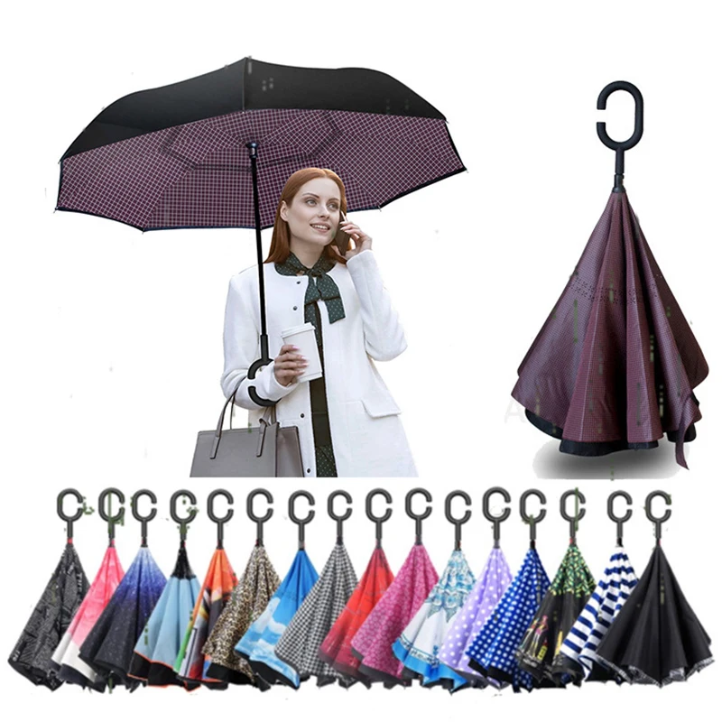 2023 Folding Long Shank Double Layer Inverted Umbrella Windproof Reverse C-Hook male golf umbrella reverse Umbrellas For Women