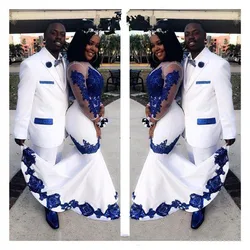 New White Satin Royal Blue Lace Aso Ebi African Prom Dresses Long Illusion Sleeves Appliqued Mermaid Evening Formal Gowns платье