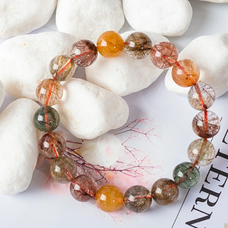 Natural Colorful Rutilated Quartz Round Beads Bracelet Copper Green Rutilated Bracelet 9mm 10mm 11mm 12mm 13mm 14mm AAAAAA