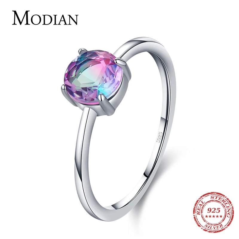 

Modian Authentic 925 Sterling Silver Classic Romantic Round Sparkling Watermelon Tourmaline Finger Ring For Women Female Jewelry