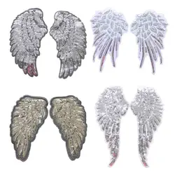 A pair of silver Feather Wings Sequin Dreamy Sew Iron On Patches Embroidered Badges For Clothes DIY Appliques Craft Decoration