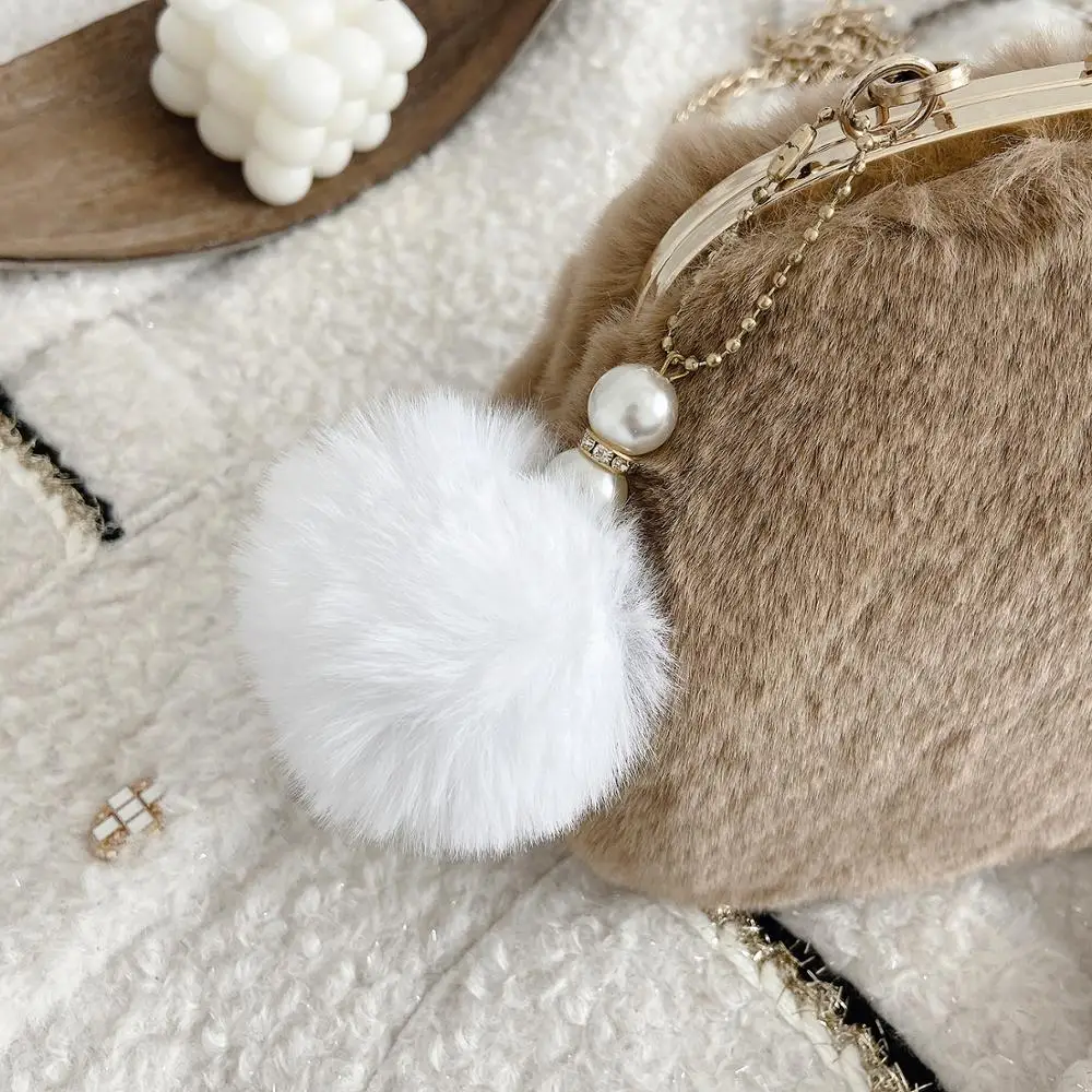 Plush Frame Bag Chain Winter Bags For Women 2021 New Pearl Crossbody Bag Solid Comfortable Shoulder Bags Luxury Designer Handbag