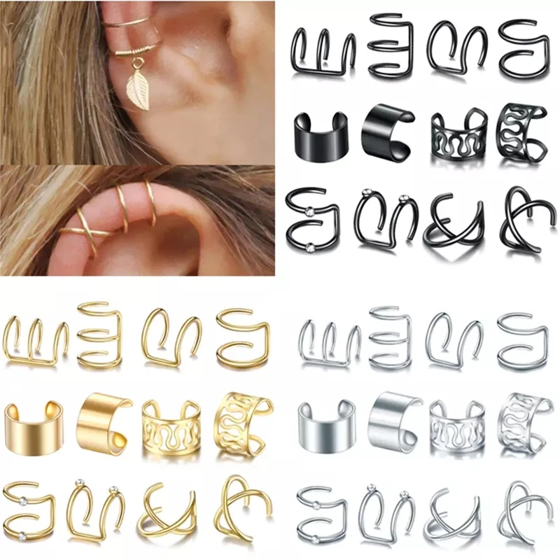 12pc Stainelss Steel Clip On Ear Cuff Earrings Fake Cartilage Earrings Lot Non Piercing Clip On Earrings Set Earrings For Women