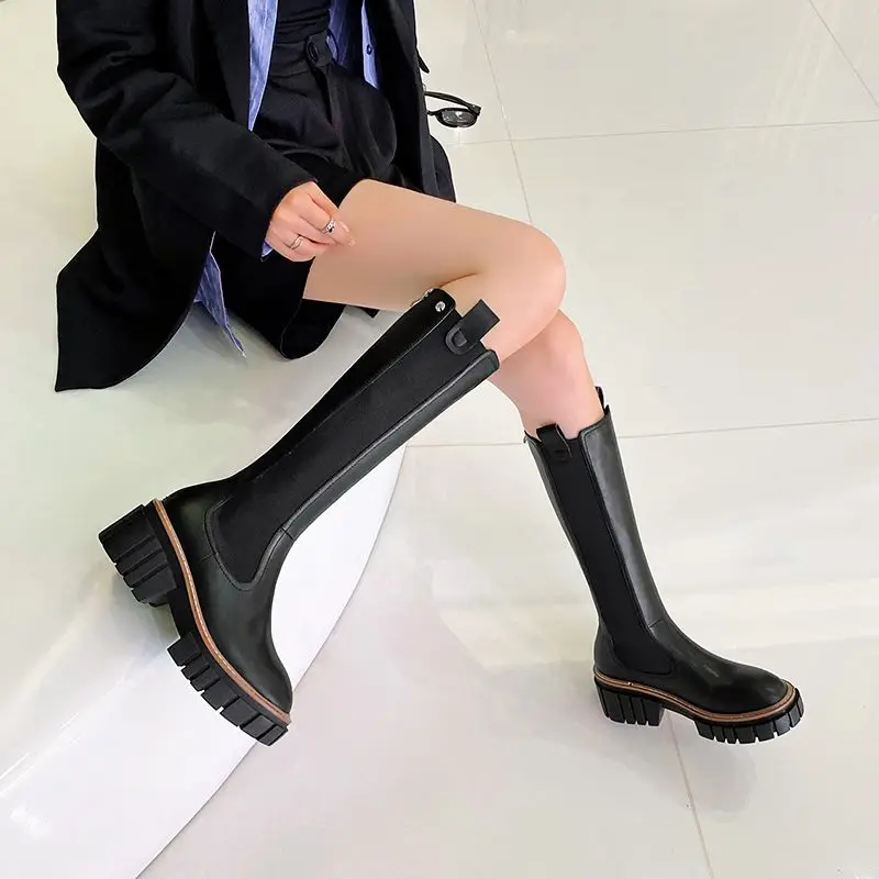 MORAZORA Size 34-42 Cow Leather Real Wool Women Boots Thick Bottom Knee High Boots Zipper Warm Winter Boots Ladies Chelsea Botas