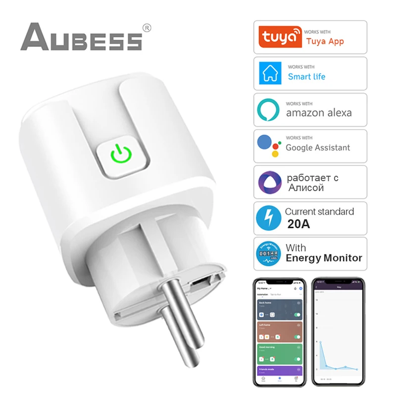 

AUBESS 20A Tuya WiFi EU Smart Plug Smart Home Power Monitor Wireless Socket Remote Voice Control Alexa Google Home Yandex Alice