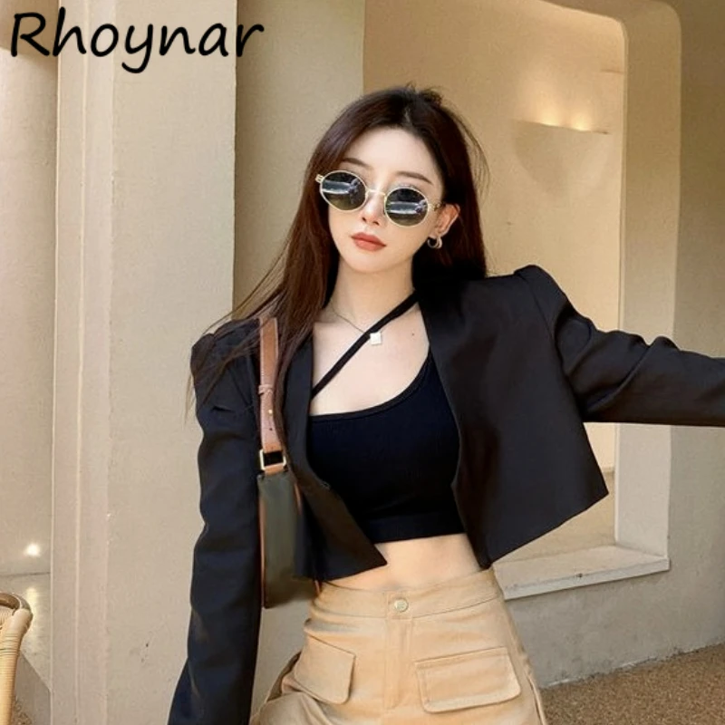

Blazers Women Black Simple V-neck All-match Leisure Office Lady Elegant Cropped Clothing Spring Stylish Solid Basic Tender Ins