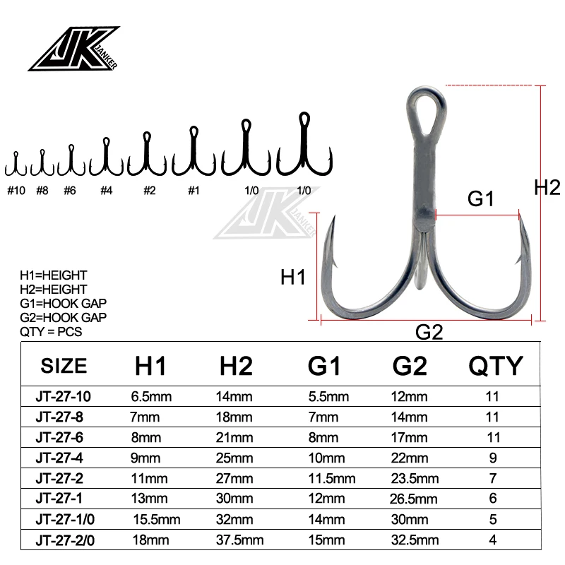 JK JT-27 Triple Fishing Gray 2X Treble Hooks 1box Fish Tees T-Gloove Point Round Bend Super Antirust Hook Sea Fishhooks Tackle