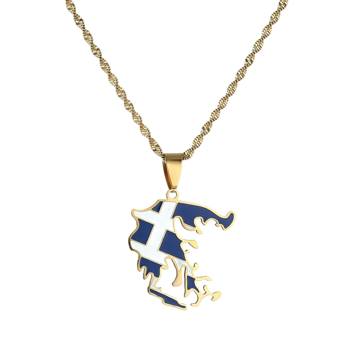 Stainless Steel Enamel Greece Map Flag Pendant Necklaces Greek Chain Jewelry Patriotic Gift