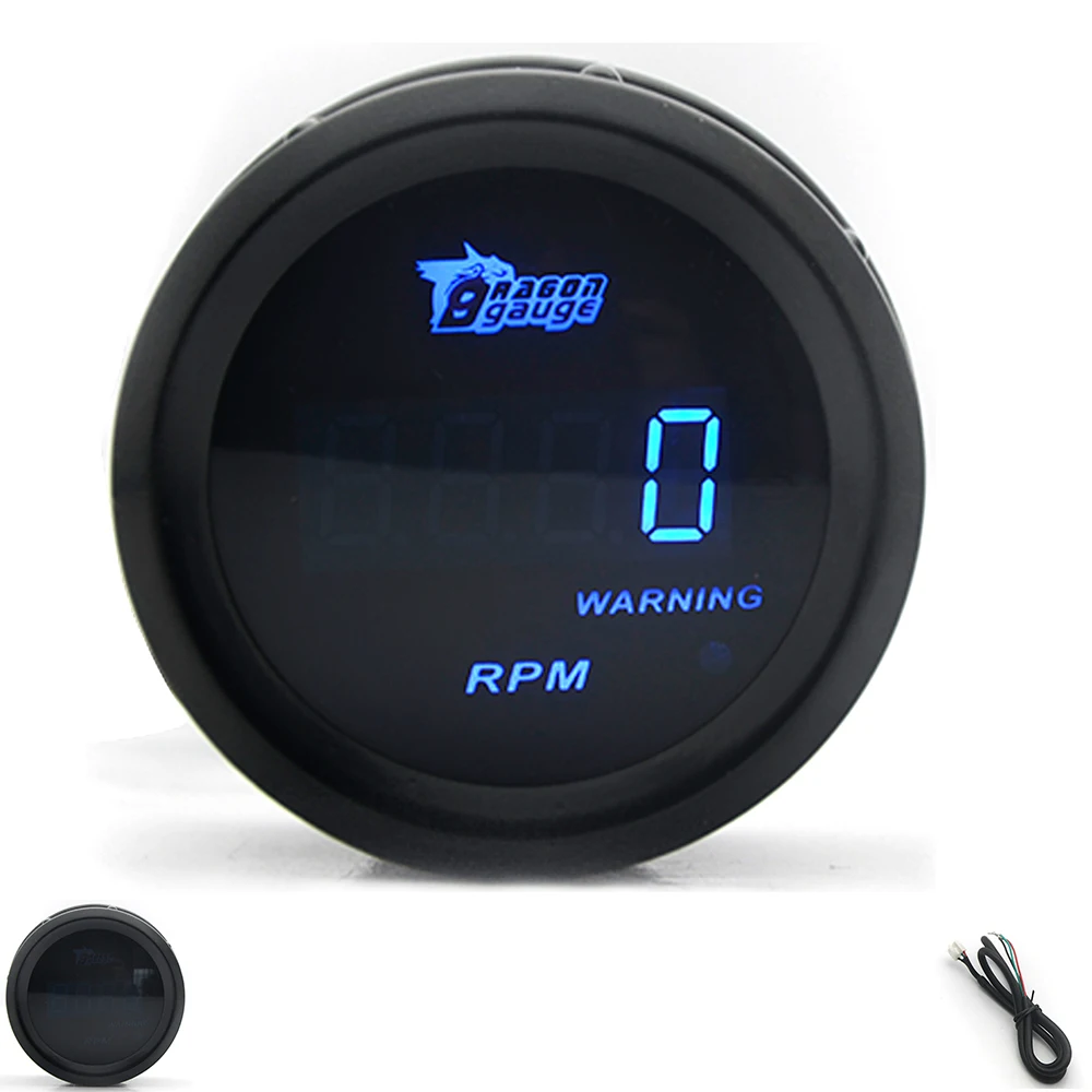 DRAGON GAUGE 52MM Tachometer RPM Gauge 4 6 8 Cyinders Black Color Digital Blue Led