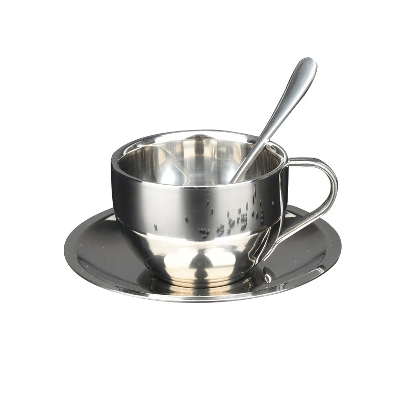 

180ml/200ml Coffee Cup Double Layer Hot Resistant Coffee Cup Set Stainless Steel Tea Cup With Plate and Spoon