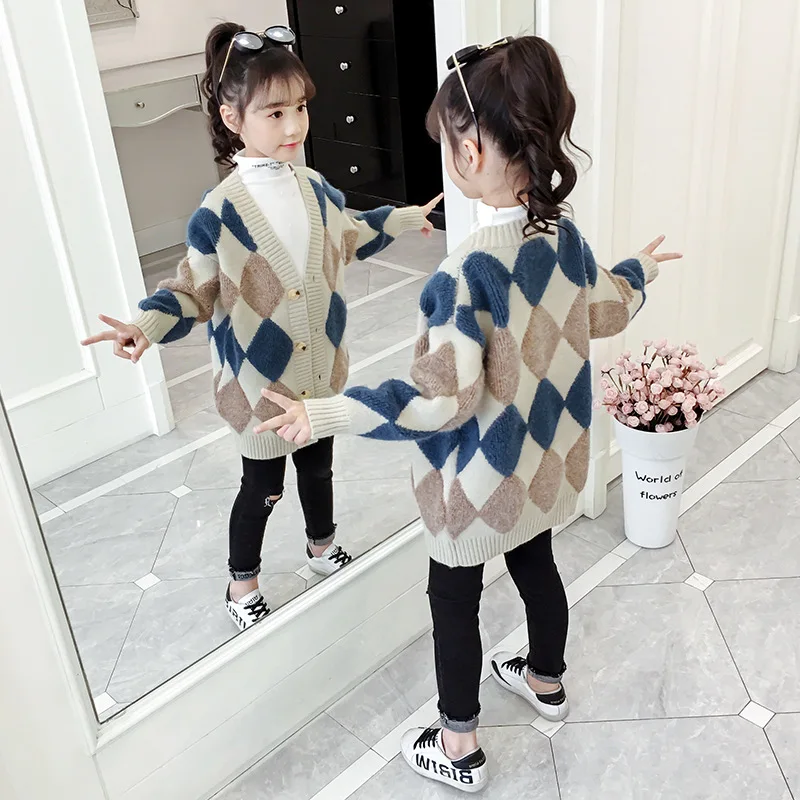 kids girls sweater  Cardigan Coat Sweater Thicken Lengthened Square Plaid Rhombus Plaid  Mid-Length  girls Outdoor Sweater 4-14Y