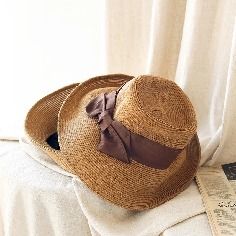 Luna & DolDave-Chapeau de soleil pour femme, style français, été, plage, paille, document nature, nœud, ruban, tempérament, plat, pliable, extérieur