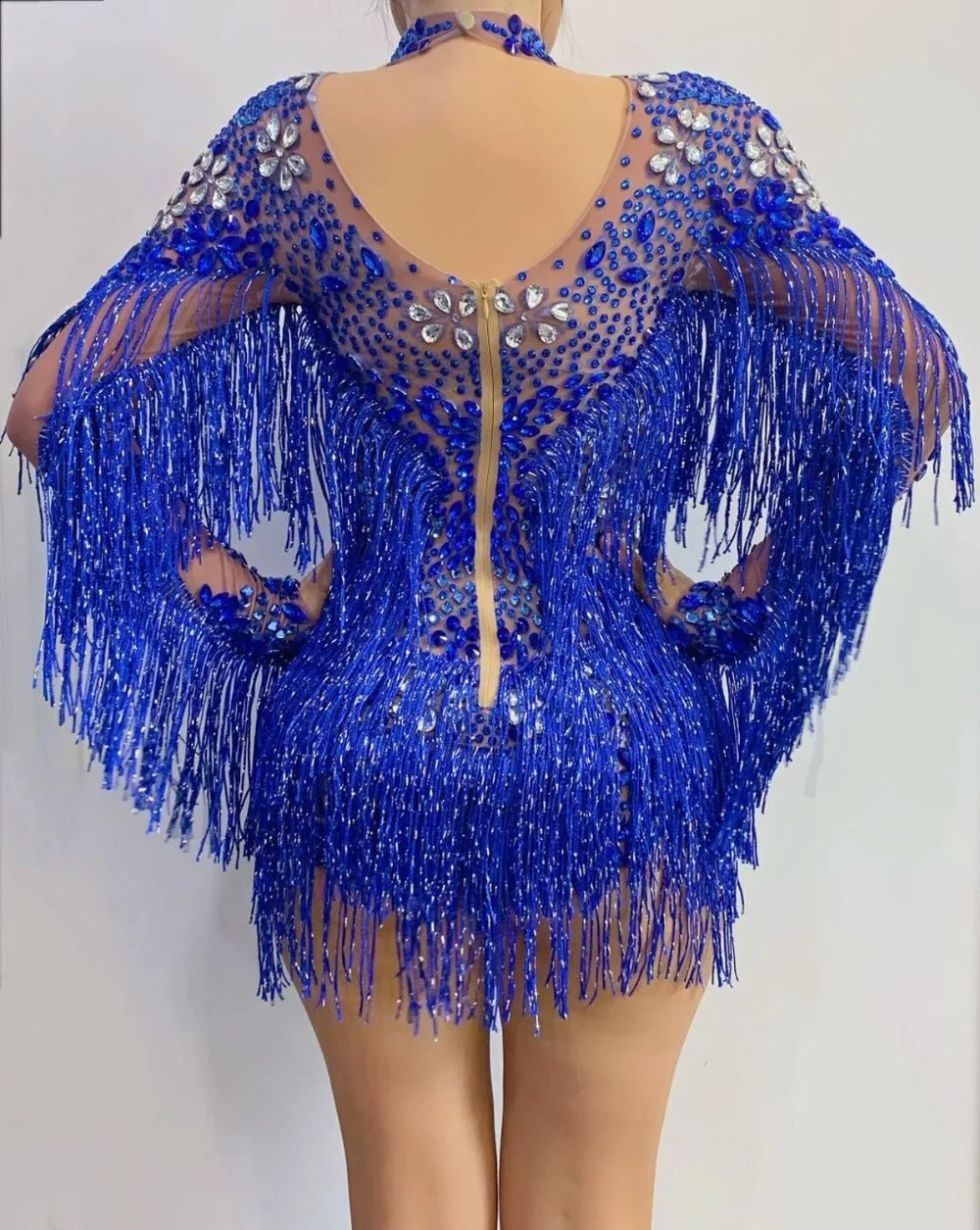 Birthday Celebrate Long Sleeves Dance Bar Women Singer stage costume Blue Bodysuit Silver Rhinestones Transparent jumpsuit