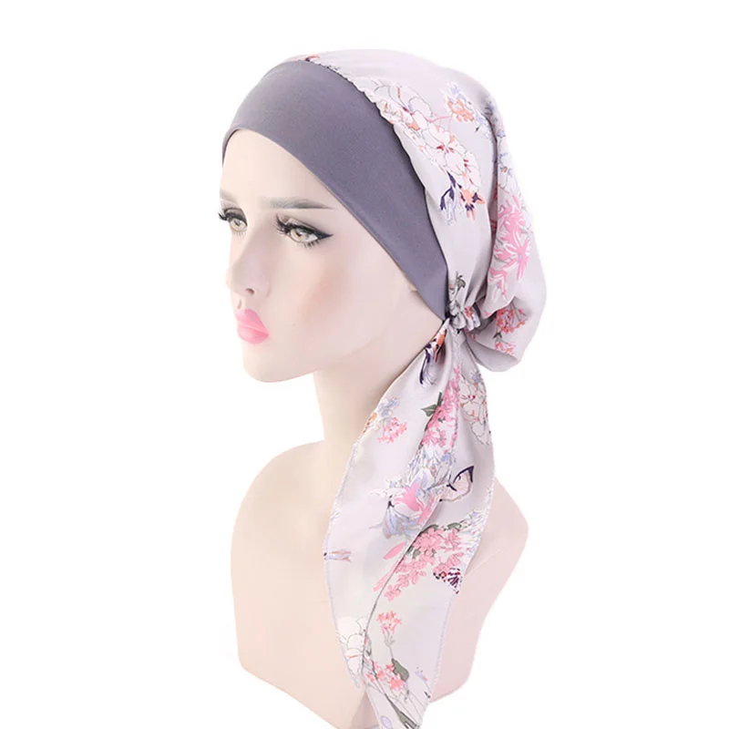 Solid Color Pre-tie Printed Turban For Women Wide Band Beanies Female Stretch Bandana Headwear Night Sleep Hats Cancer Chemo Cap