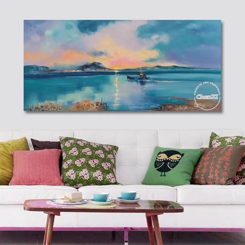 Boats with Sunset Oil Paintings, Wall Art Canvas, Modern Acrylic Paints, Home Wall Decoration, No Framed, Hot Selling