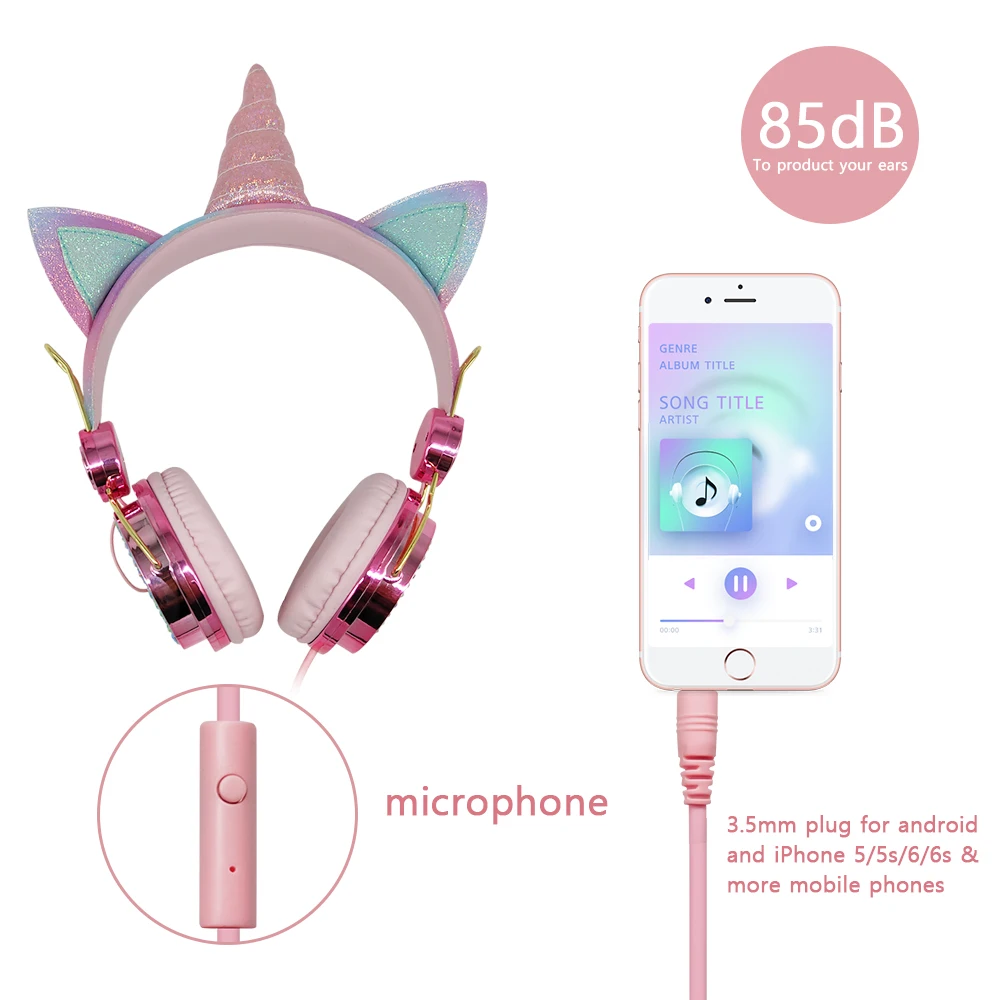 Auriculares con cable y diseño de Unicornio para niños y niñas, audífonos con cable, regalo para niños