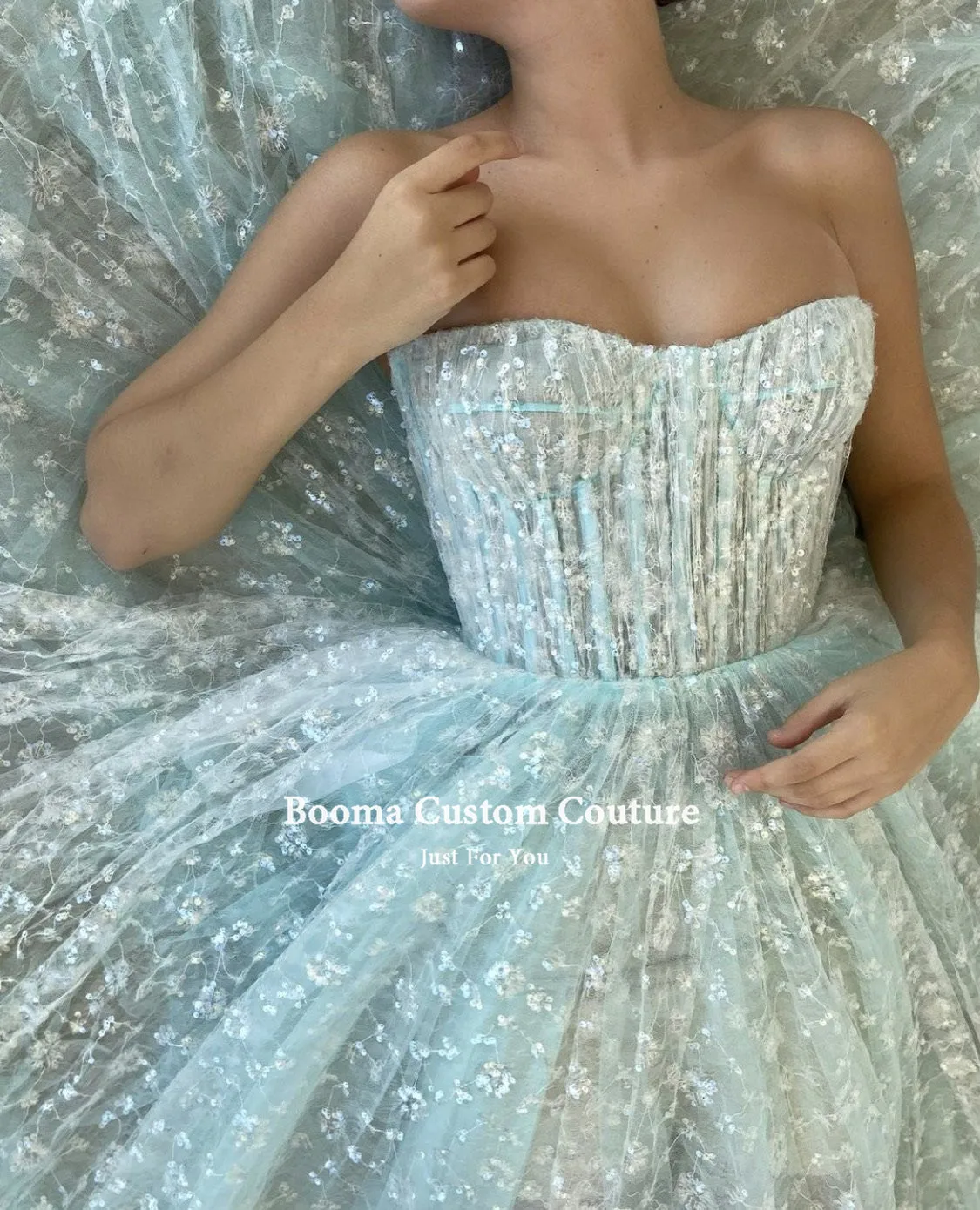 Booma Baby Aqua Sequined Tulle Prom Dresses Sweetheart Illusion Ankle-Length Evening Party Gowns Flowing A-Line Formal Dresses