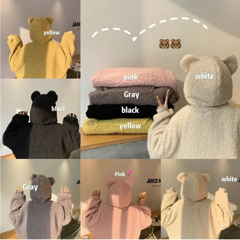 Autumn Winter Women Fake Lambswool Pullover Warm Thicken Hoodies Bear Ears Kawaii Hooded Sweatshirt Loose Casual Fleece Outwear