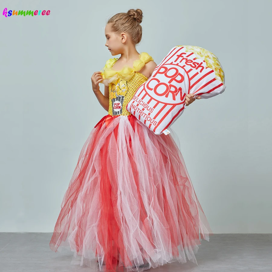 Adorable Popcorn Inspired Girls Tutu Dress Red & White Tulle Children Birthdays Halloween Dress Up Costume Kids Flower Ball Gown