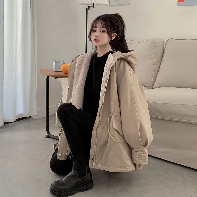 Lucyever 2021 New Women\'s Winter Plus Velvet Coat Korean Hoodlie Tooling Cotton Parkas Jacket Women Loose Thicken Warm Overcoat