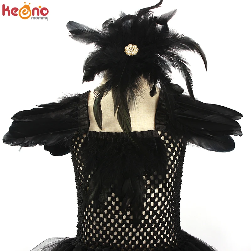 Black Swan Girls Tutu Dress with Feather Wing and Hair Clip Evil Queen Kids Halloween Carnival Party Costume Ballet Tutu Dress