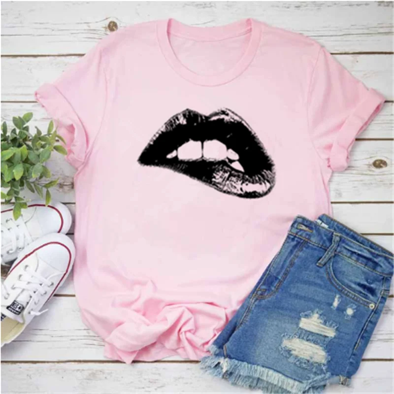 

Mayos Girls Cartoon Black Sexy Lips Printed T-shirt Women's Casual O-neck Top Women's Hawaiian Clothing