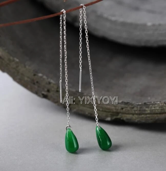 Beautiful 925 Silver Green Jade Dropping Beads Chain Dangle Lucky Ear Line Earring Girl's Charm Gift Earrings Fine Jewelry