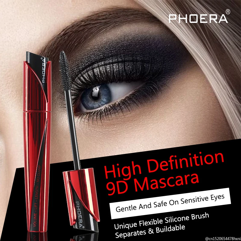 PHOERA Schwarz 9D Mascara Rimel für Wimpern Verlängerung Dicke Wasserdichte Natürliche Verlängerung Curling Seide Faser Lash Make-Up TSLM1