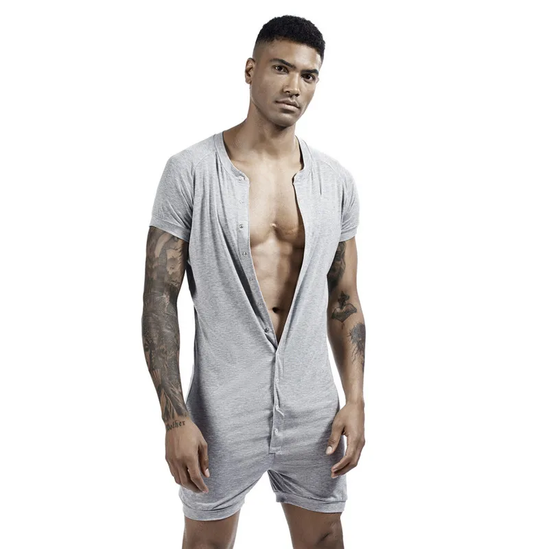 Men\'s Siamese Pajamas Onesies Home Clothes Super-elastic Comfortable Snap Button Jumpsuit Men Sleepwear Solid Color T-Shirts